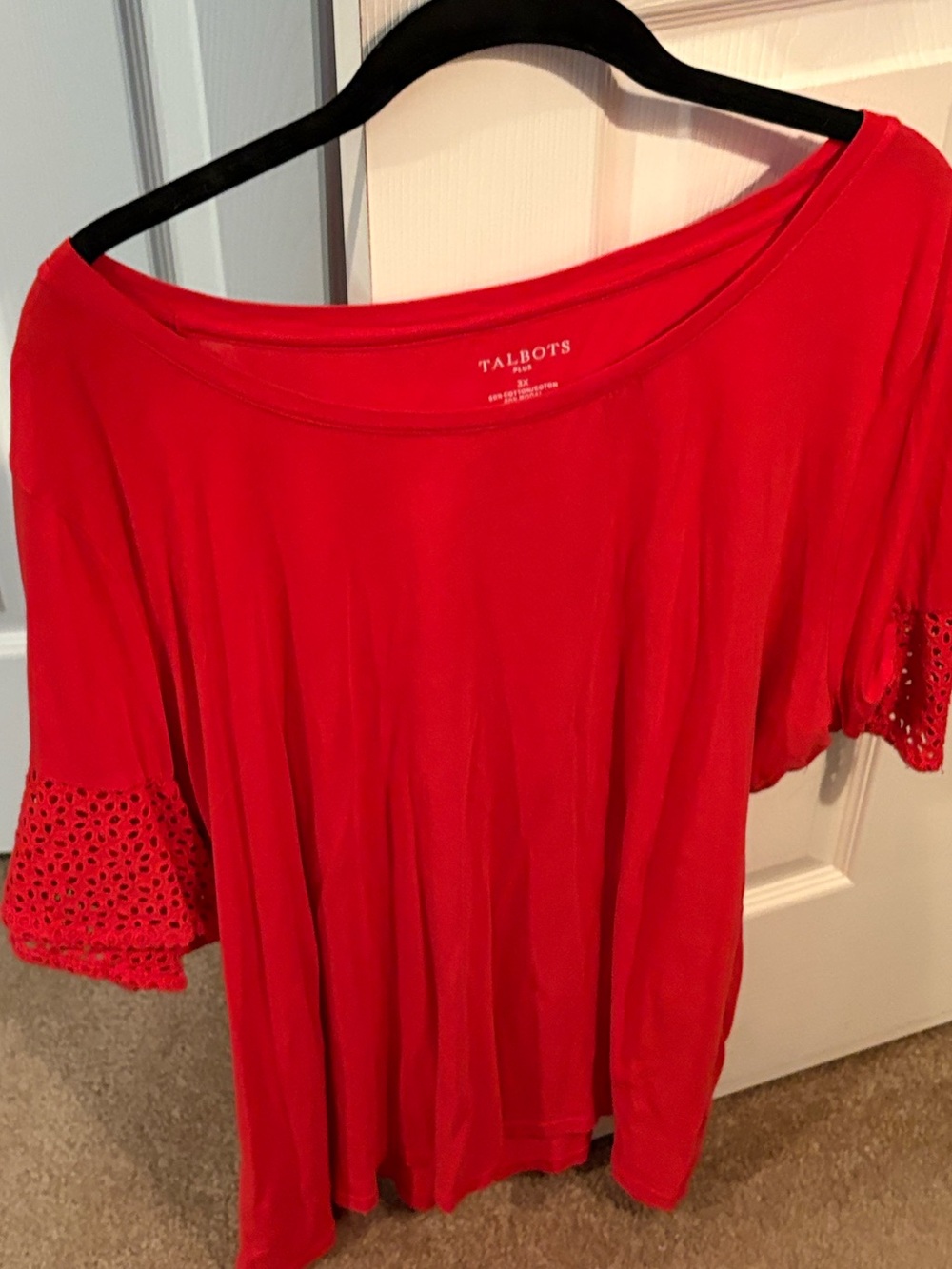 Talbots Bright Red Scoop Neck Top with Crochet Bell Sleeves